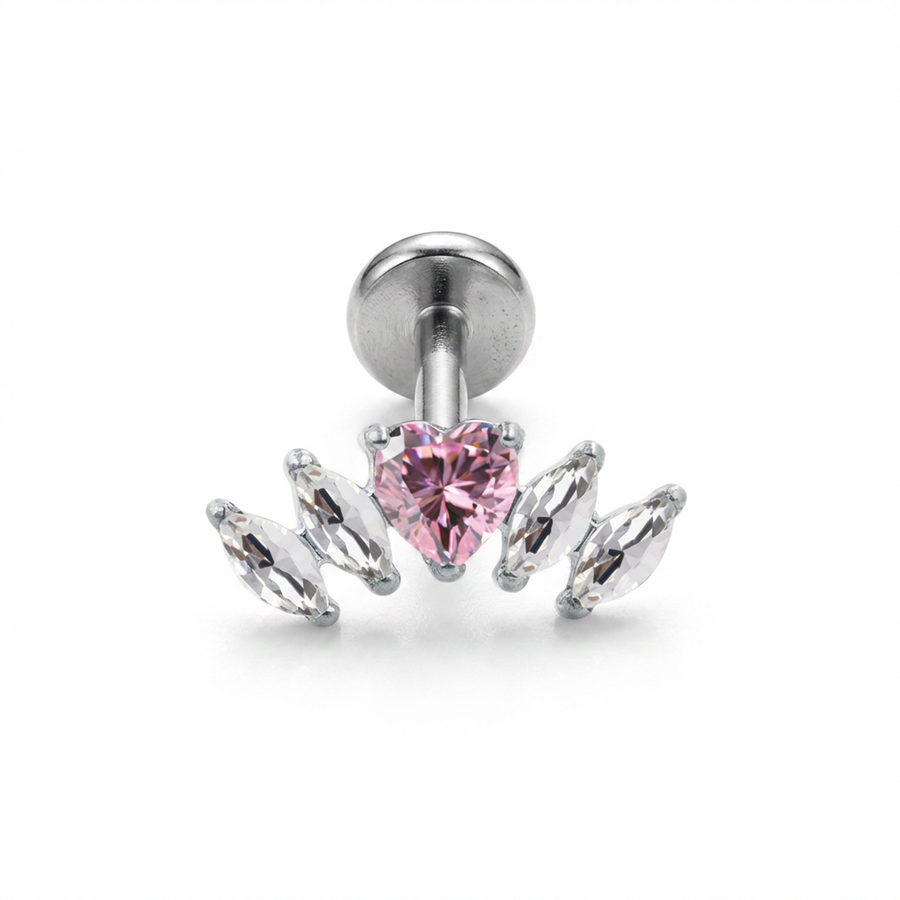 Piercing con zirconi e cuore rosa in Titanio G23- Piercing per Lobo, helix, forward helix, conch, flat, tragus