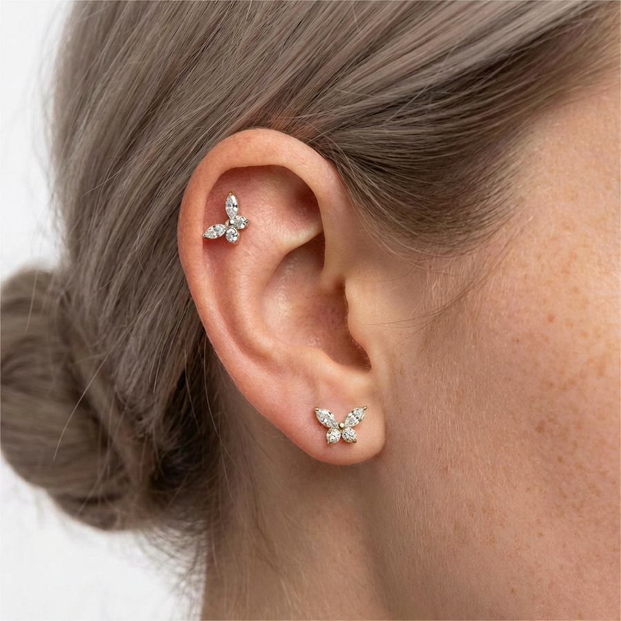 Piercing con farfallina di zirconi in Titanio G23- Piercing per Lobo, helix, forward helix, conch, flat, tragus