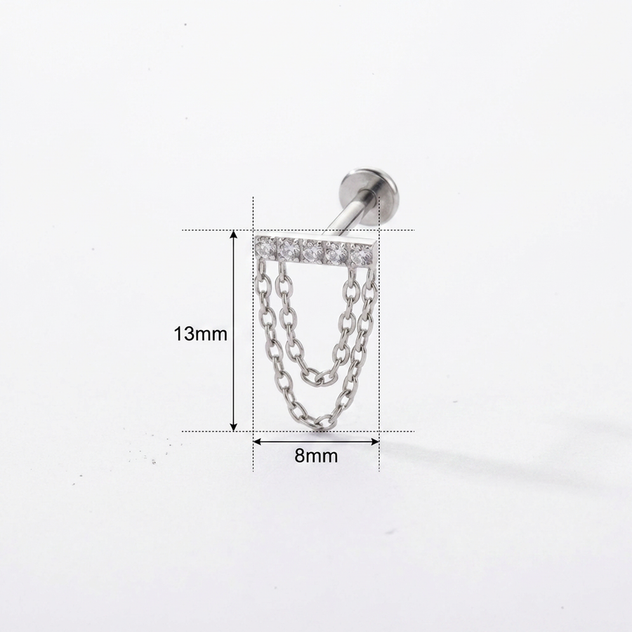 Barretta con zirconi e catena pendente in Titanio - Piercing per orecchio