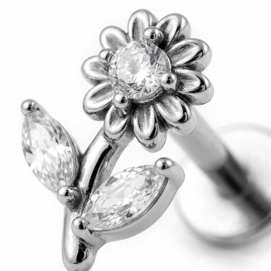 Barretta con girasole e zirconi in Acciaio Chirurgico 316L - Piercing per orecchio