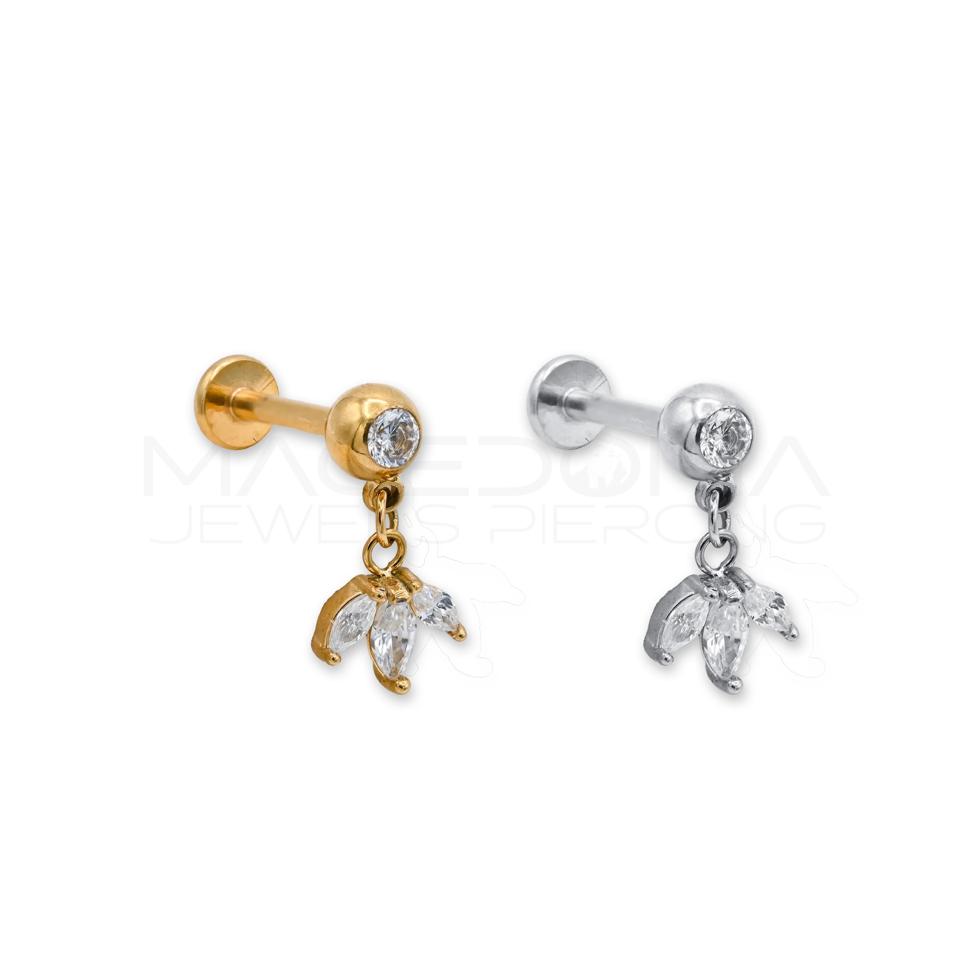 BARRETTA CON FOGLIE ZIRCONATE PENDENTI Macedonia Jewels Piercing
