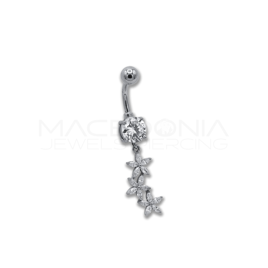 Banana per ombelico in acciaio chirurgico 316L con zircone centrale e tre stelle pendenti zirconate