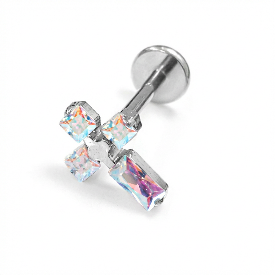Piercing con croce di zirconi in Titanio G23- Piercing per Lobo, helix, forward helix, conch, flat, tragus