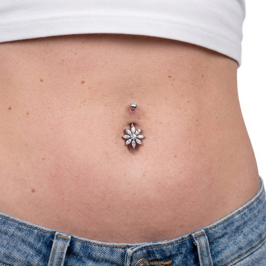 Piercing con fiore di zirconi in Titanio G23 - Piercing per ombelico
