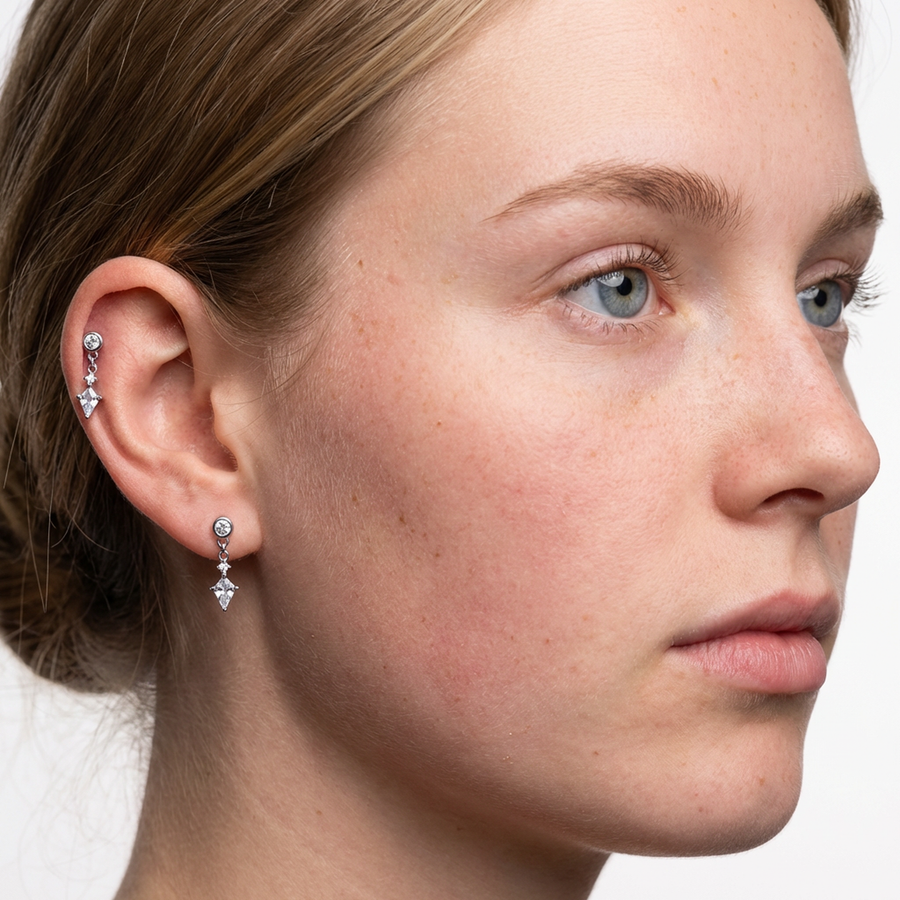 Piercing con zirconi pendenti in Titanio G23- Piercing per Lobo, helix, forward helix, flat