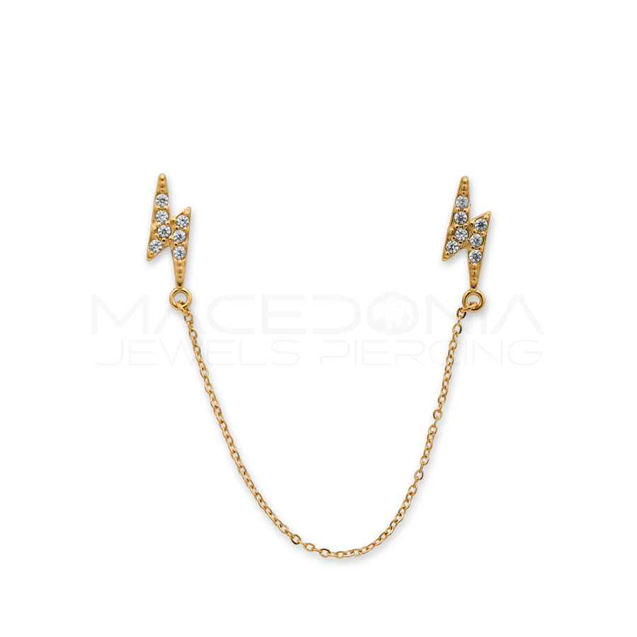 Orecchino Doppia Formina con Catenina, Zircone e Fulmine – Acciaio Chirurgico 316L