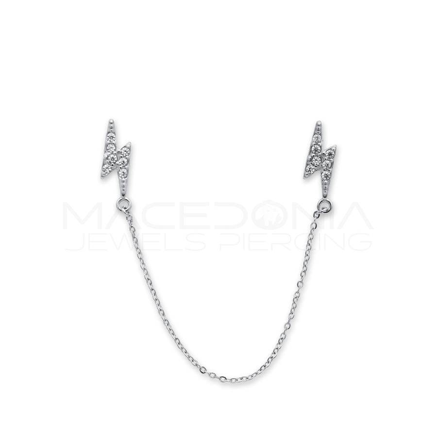 Orecchino Doppia Formina con Catenina, Zircone e Fulmine – Acciaio Chirurgico 316L