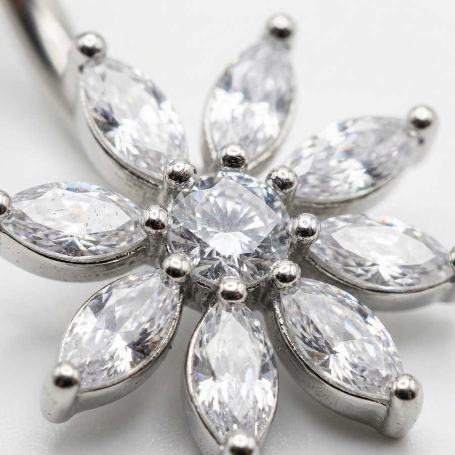 Piercing con fiore di zirconi in Titanio G23 - Piercing per ombelico