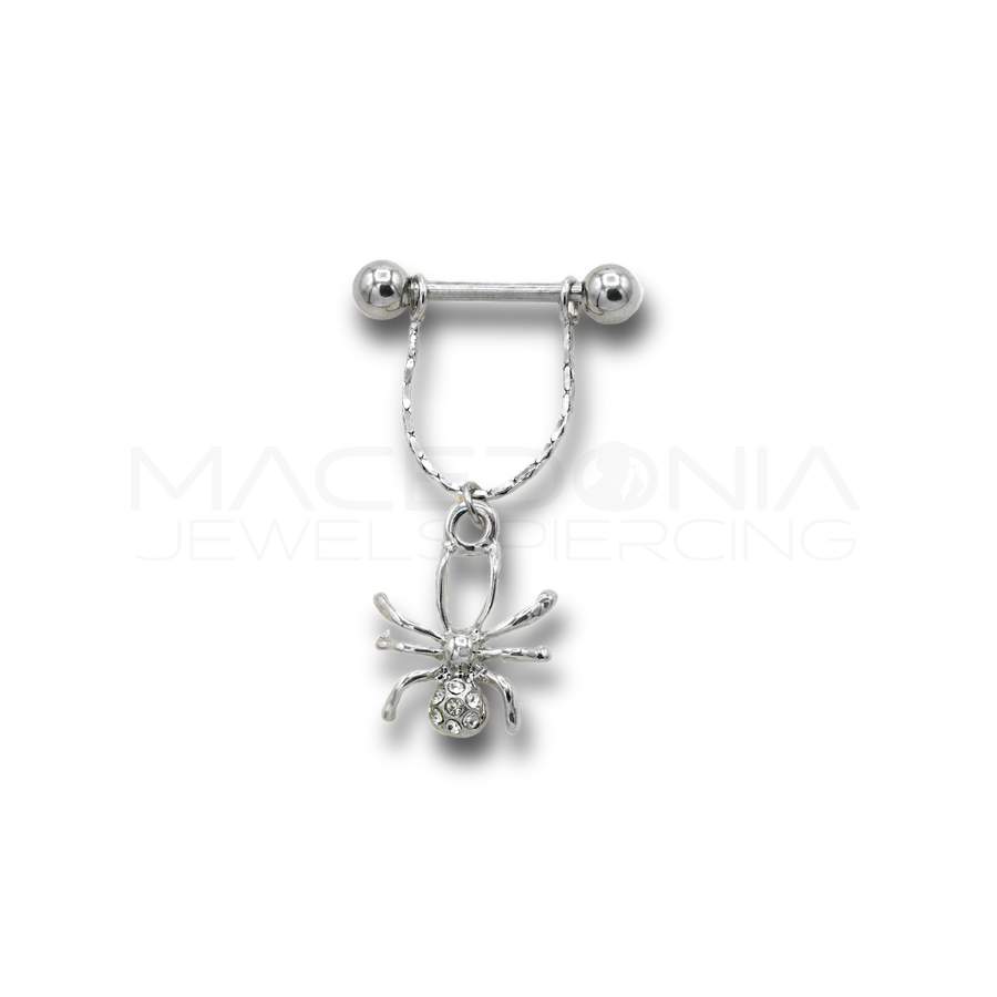 Piercing da Capezzolo in Acciaio Chirurgico 316L con Catenina e Ragno Zirconato