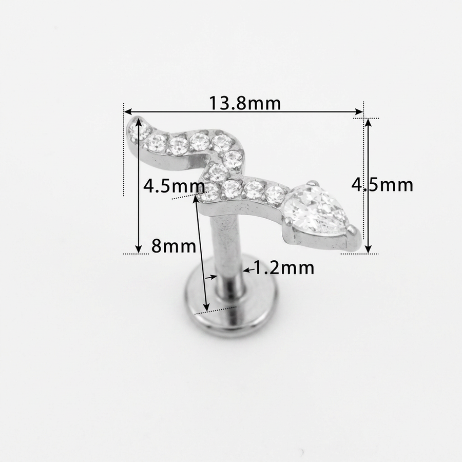 Piercing con serpente di zirconi in Titanio G23- Piercing per Lobo, helix, forward helix, conch, flat, tragus