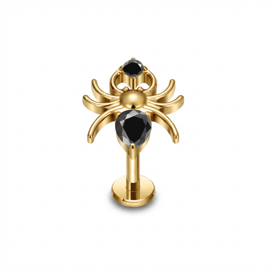 Piercing con ragno e zircone nero in Titanio G23- Piercing per Lobo, helix, forward helix, conch, flat, tragus