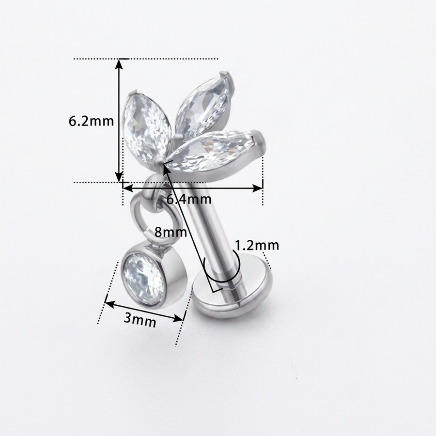 Piercing con zirconi e ciondolo in Titanio G23- Piercing per Lobo, helix, forward helix, conch, flat, tragus