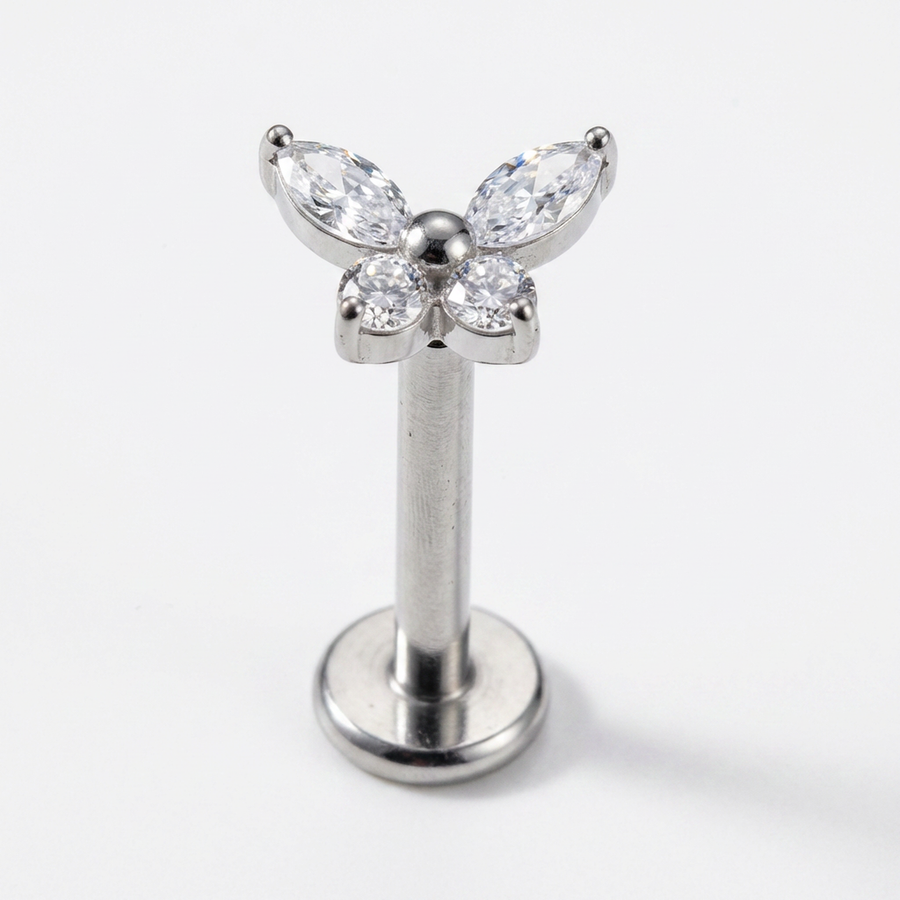 Piercing con farfallina di zirconi in Titanio G23- Piercing per Lobo, helix, forward helix, conch, flat, tragus