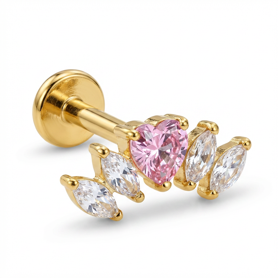 Piercing con zirconi e cuore rosa in Titanio G23- Piercing per Lobo, helix, forward helix, conch, flat, tragus