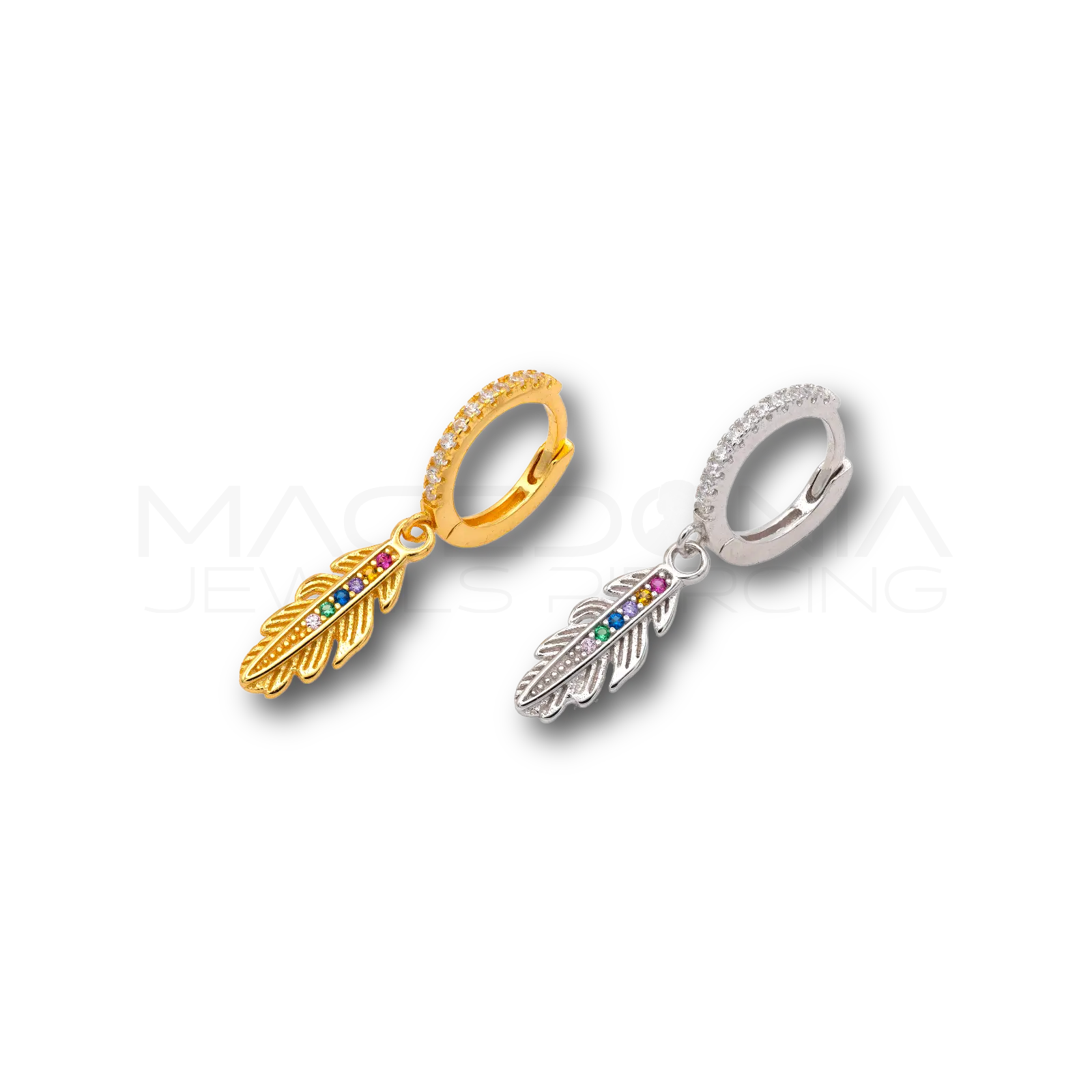 Orecchino Piuma in Argento 925 con Zirconi Colorati