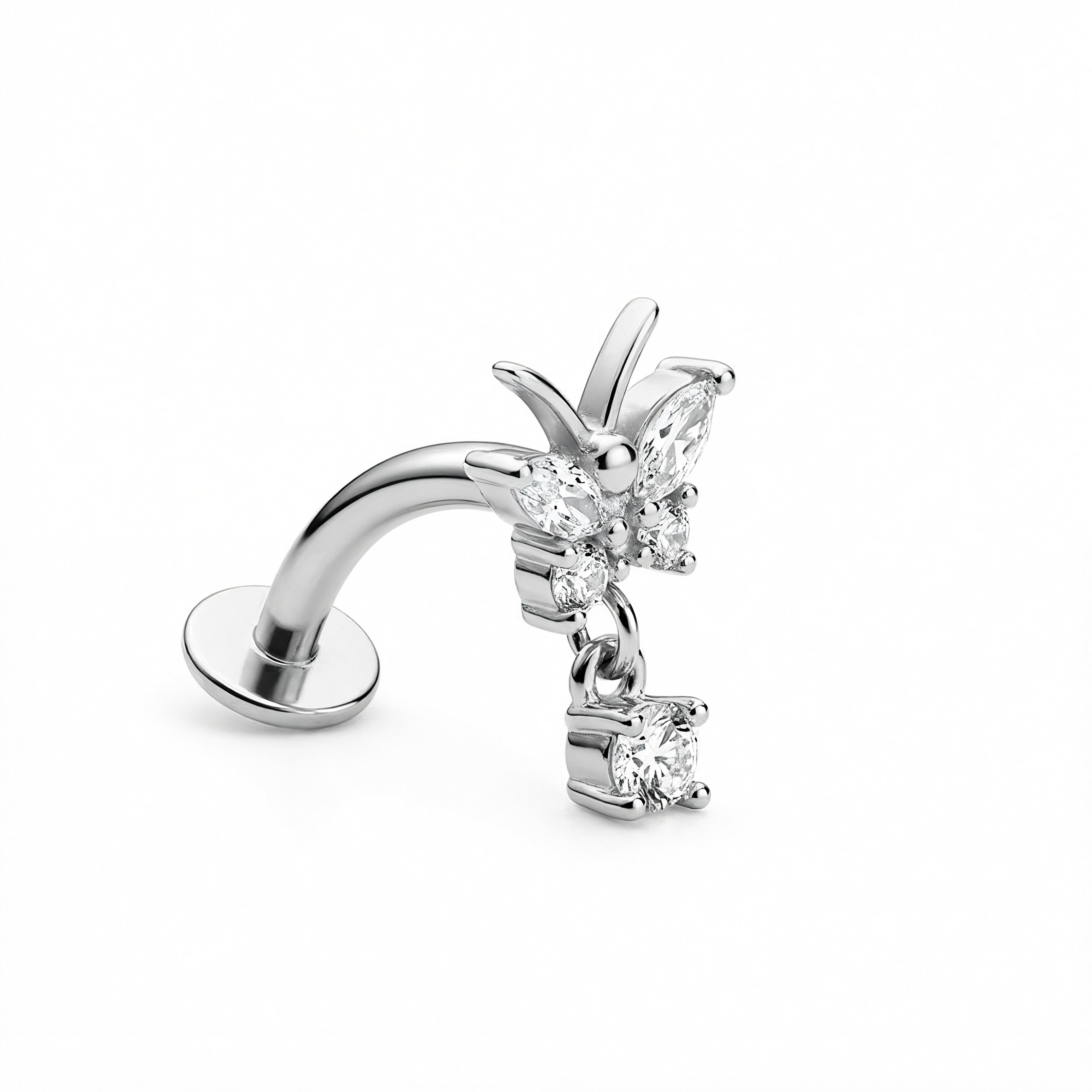 Piercing a banana con farfalla e pendente zircone in acciaio chirurgico