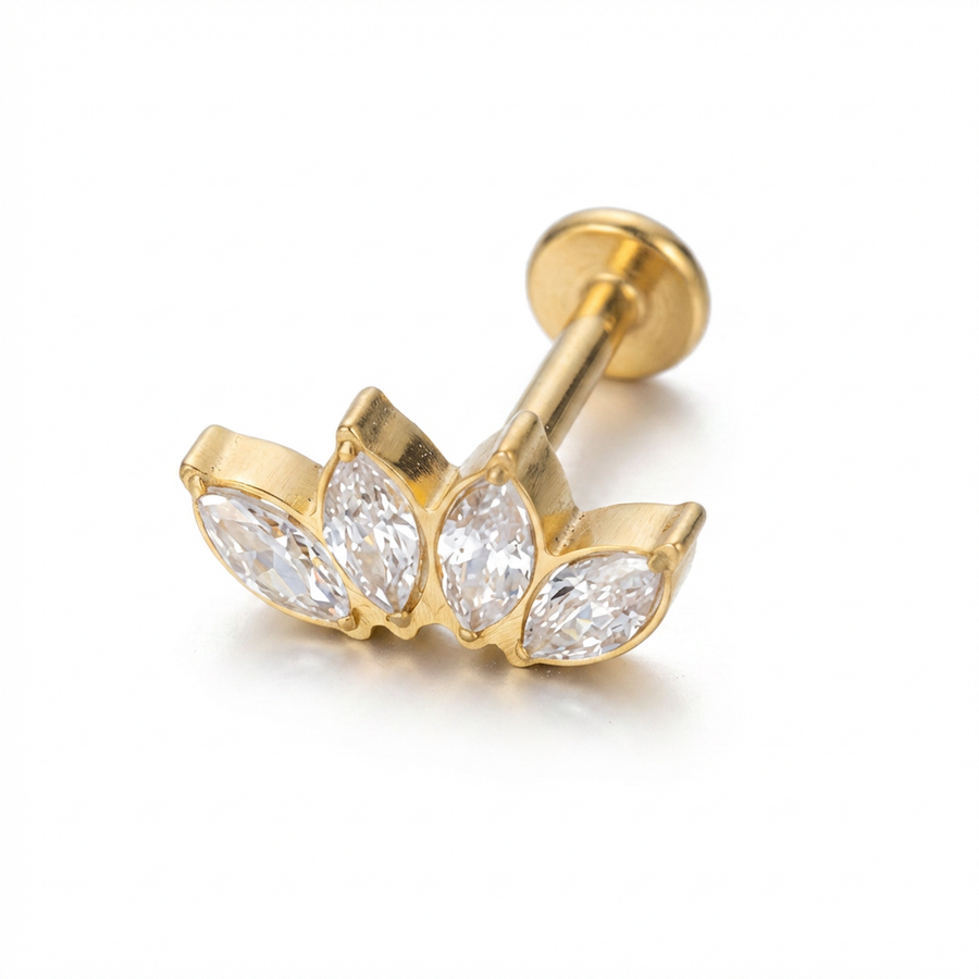 Piercing con quattro zirconi in Titanio G23- Piercing per Lobo, helix, forward helix, conch, flat, tragus