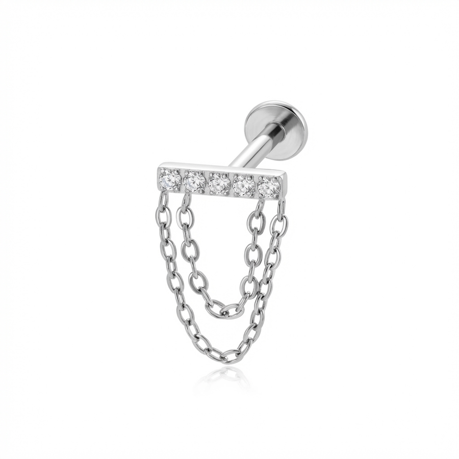 Barretta con zirconi e catena pendente in Titanio - Piercing per orecchio