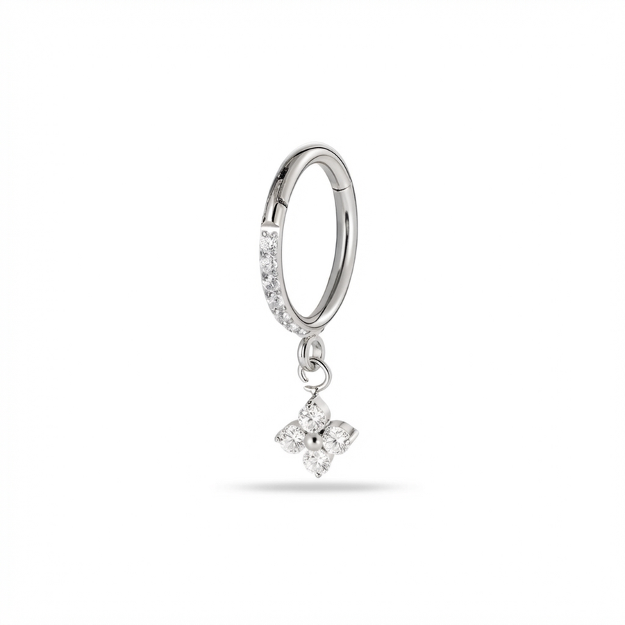 Cerchietto zirconato con fiore pendente in Titanio - Piercing per orecchio