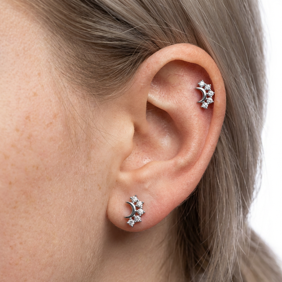 Piercing con mezza luna e zirconi in Titanio G23- Piercing per Lobo, helix, forward helix, conch, flat, tragus