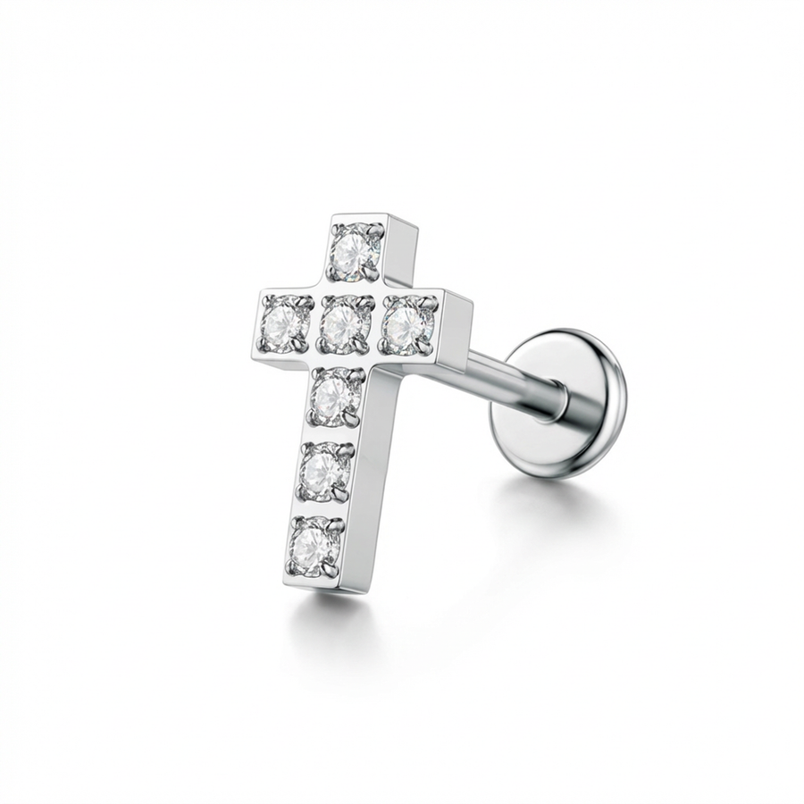 Piercing con croce di zirconi in Titanio G23- Piercing per Lobo, helix, forward helix, conch, flat, tragus