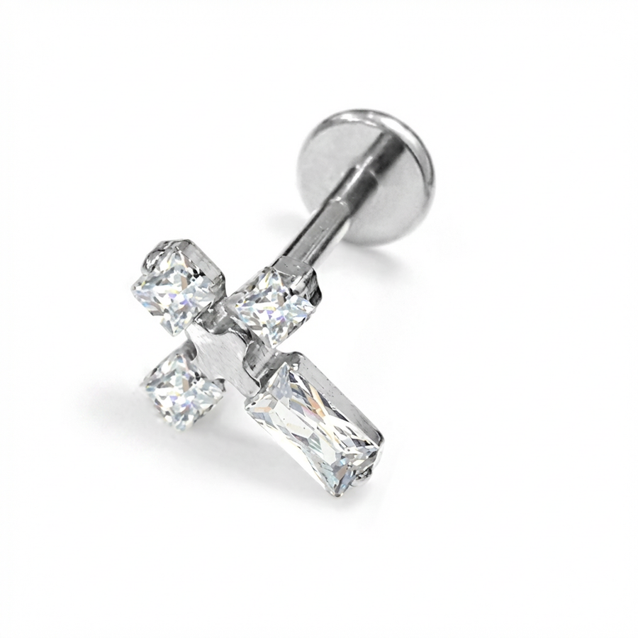 Piercing con croce di zirconi in Titanio G23- Piercing per Lobo, helix, forward helix, conch, flat, tragus