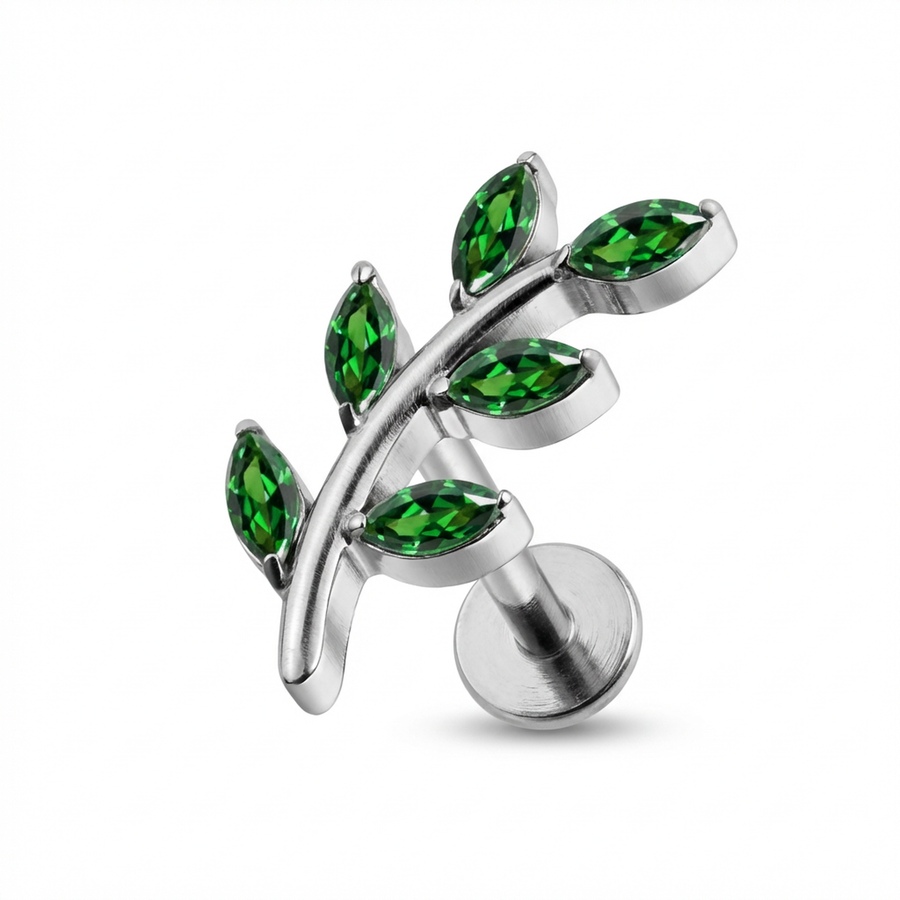 Piercing con ramoscello e zirconi verdi in Titanio G23 - Piercing per lobo, helix, forward helix, conch, flat