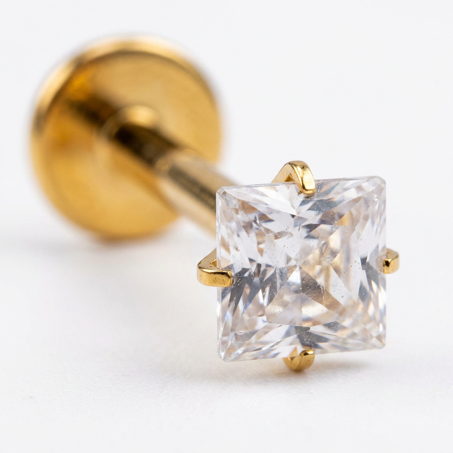Barretta con zircone quadrato in Titanio - Piercing per orecchio / labbra
