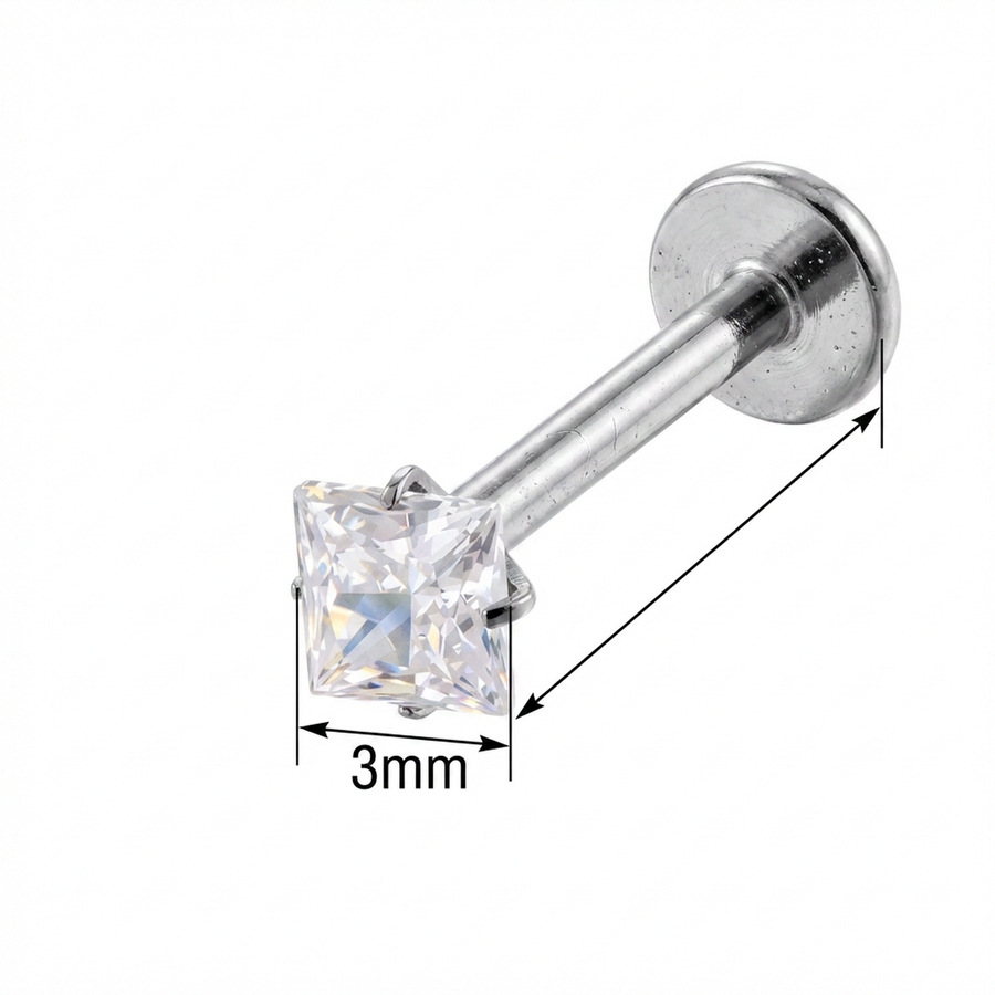 Barretta con zircone quadrato in Titanio - Piercing per orecchio / labbra