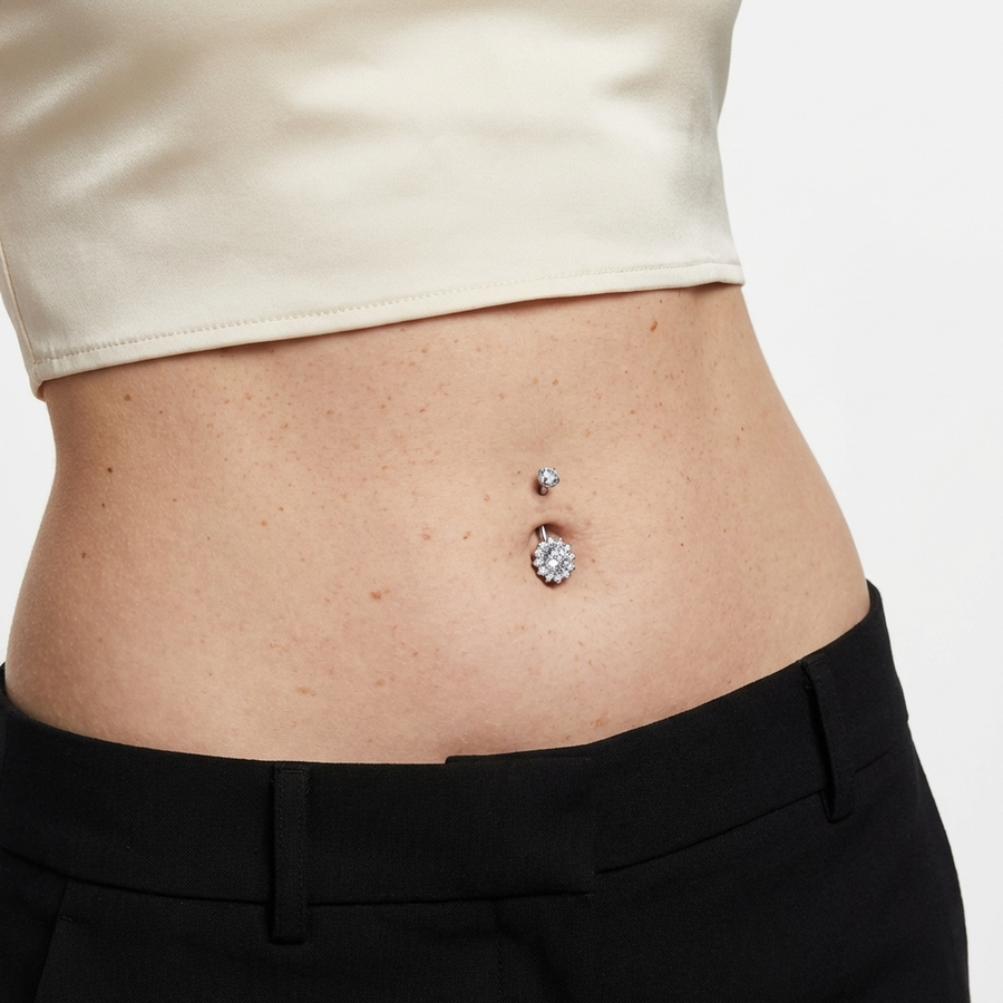 Piercing con fiore di zirconi in Titanio G23 - Piercing per ombelico