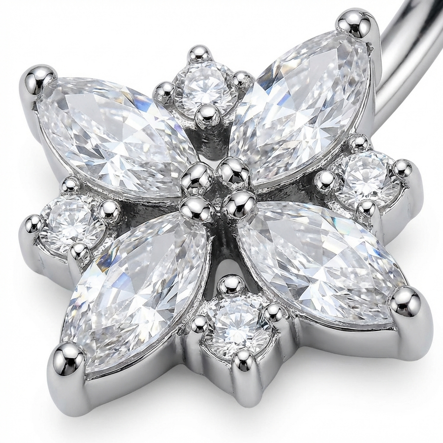 Piercing con fiore di zirconi in Titanio G23 - Piercing per ombelico