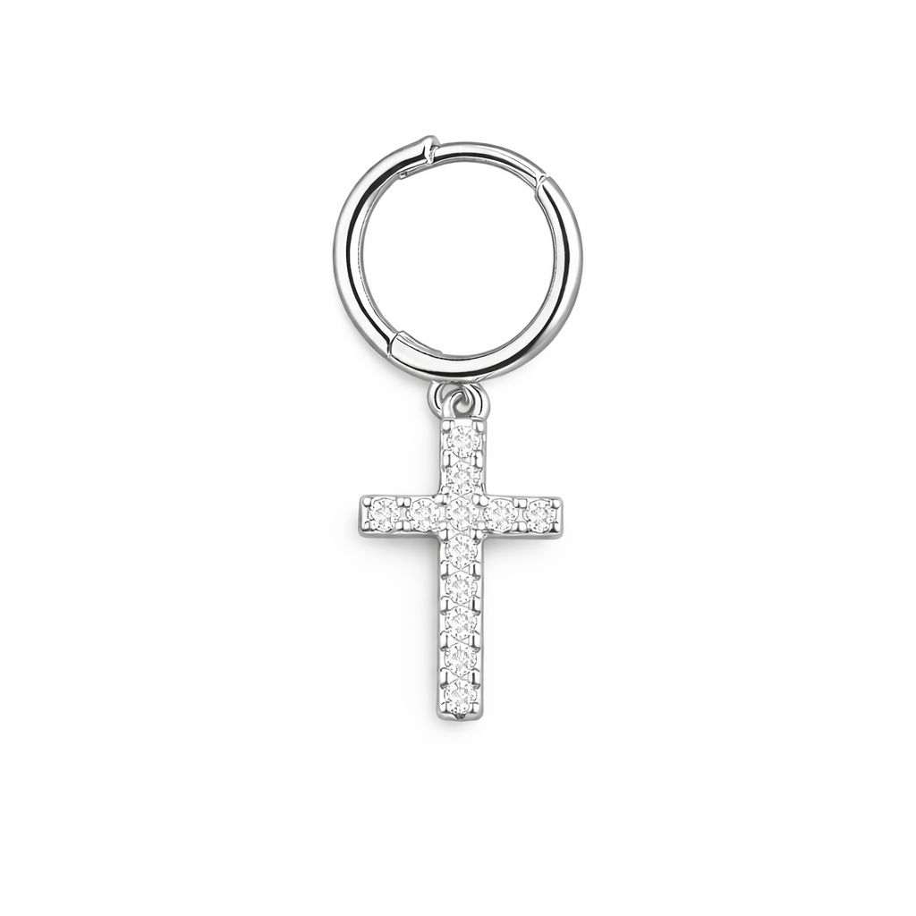 Orecchino a Cerchio con Croce in Zirconi – Elegante, Brillante, Unisex