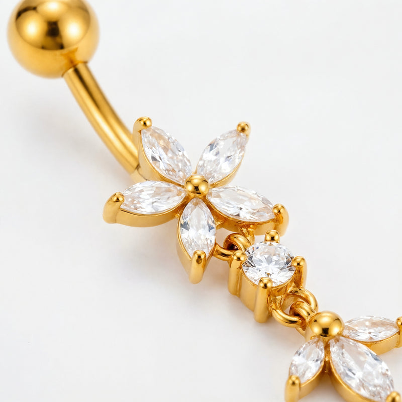 Piercing con fiore e zirconi pendenti in Acciaio Chirurgico 316L - Piercing per ombelico