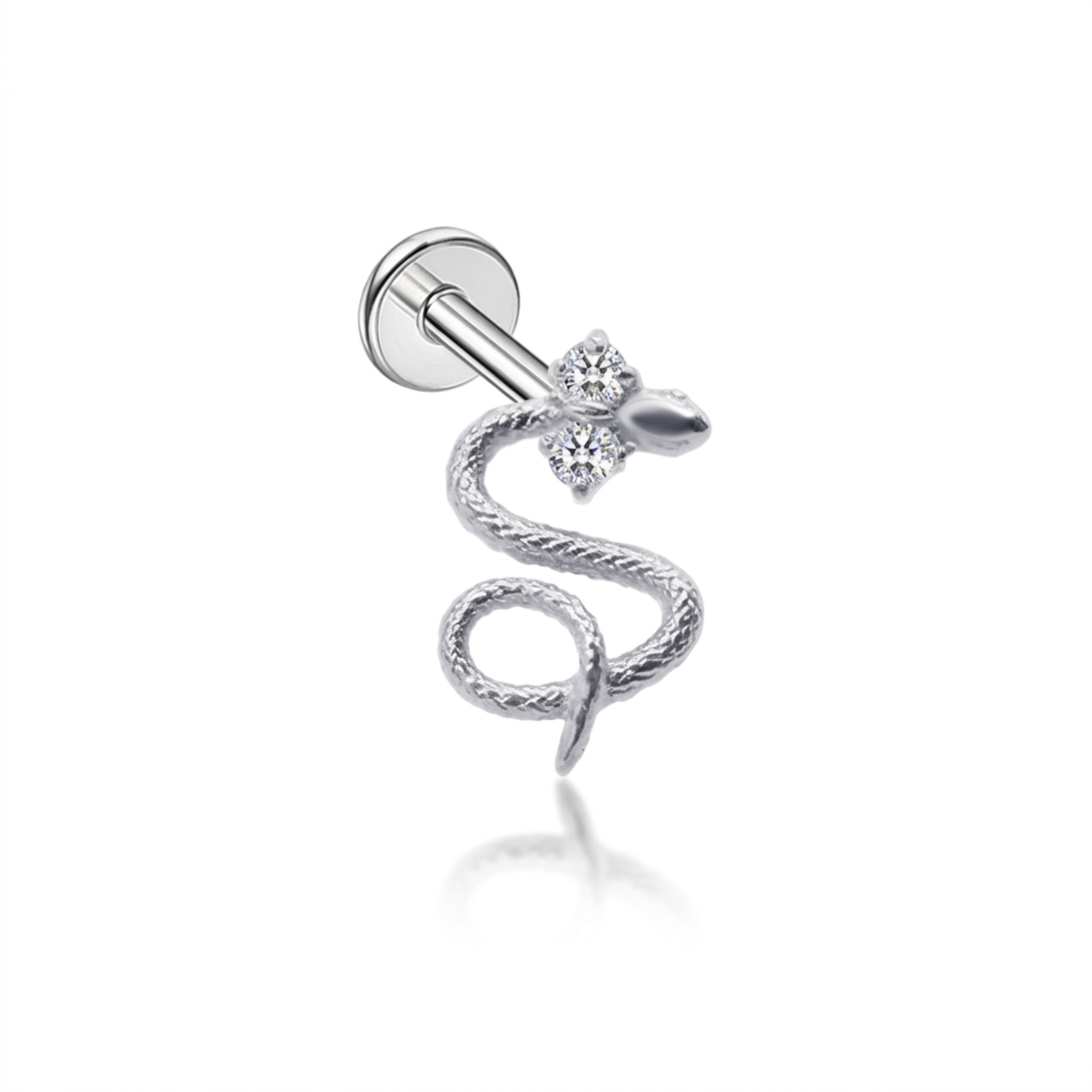 Piercing con serpente e due zirconi in Titanio G23- Piercing per Lobo, helix, forward helix, conch, flat, tragus