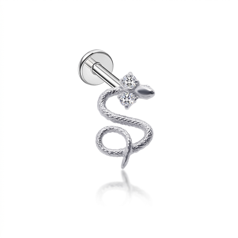 Piercing con serpente e due zirconi in Titanio G23- Piercing per Lobo, helix, forward helix, conch, flat, tragus