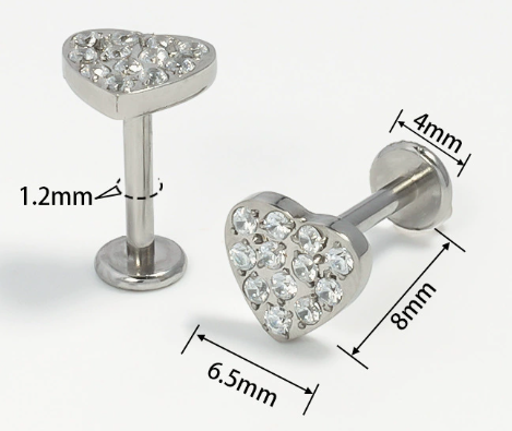 Piercing con cuore con zirconi in acciaio chirurgico 316L - Piercing per lobo, helix, forward helix, conch, flat, tragus