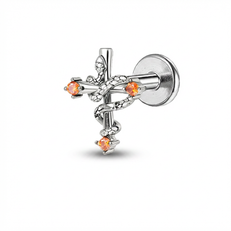 Piercing con croce e serpente con zirconi arancioni in Titanio G23- Piercing per Lobo, helix, forward helix, conch, flat, tragus