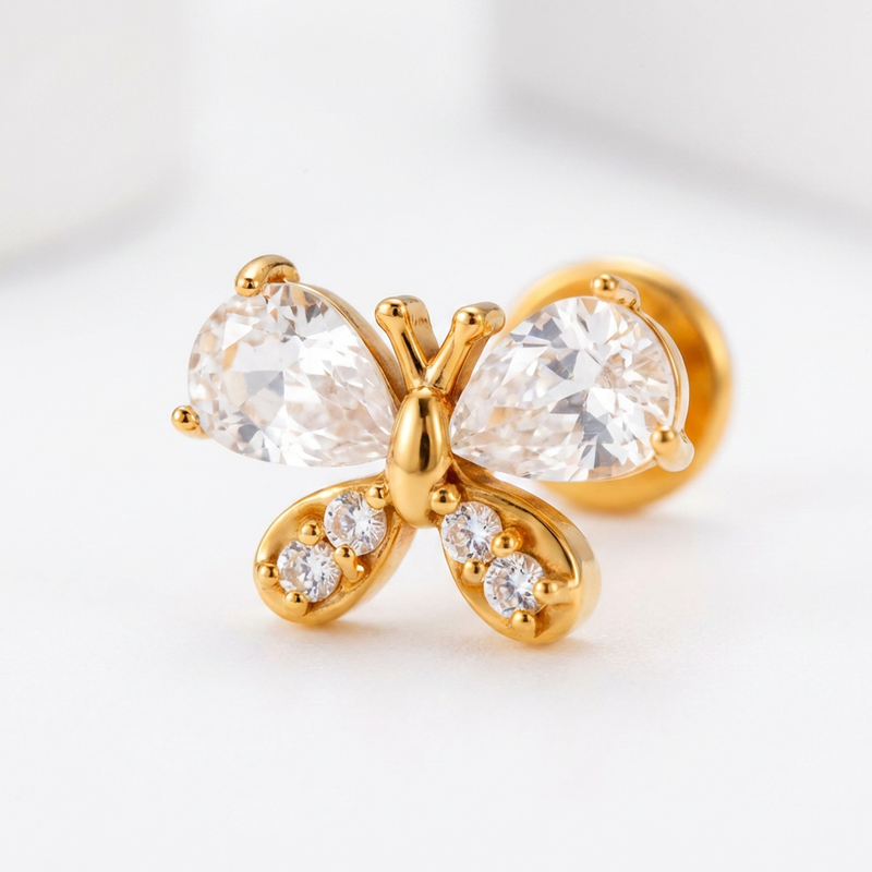 Barretta con farfalla e zirconi in Acciaio Chirurgico 316L - Piercing per orecchio