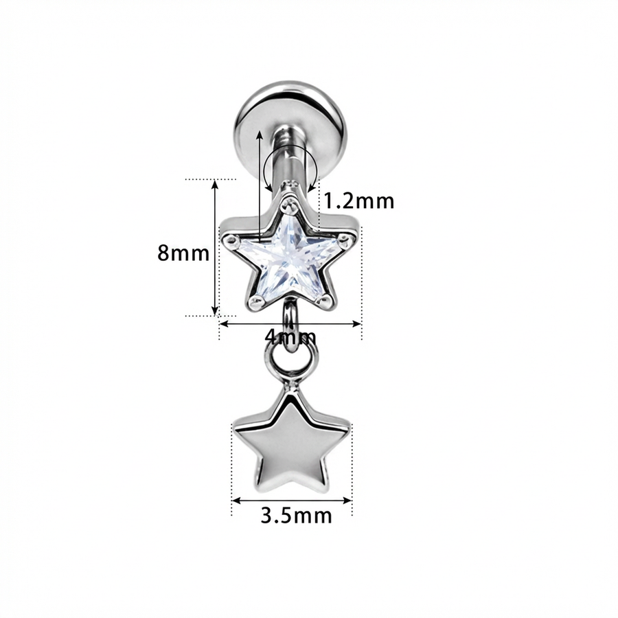 Piercing con stella di zirconi in Titanio G23- Piercing per Lobo, helix, forward helix, conch, flat, tragus