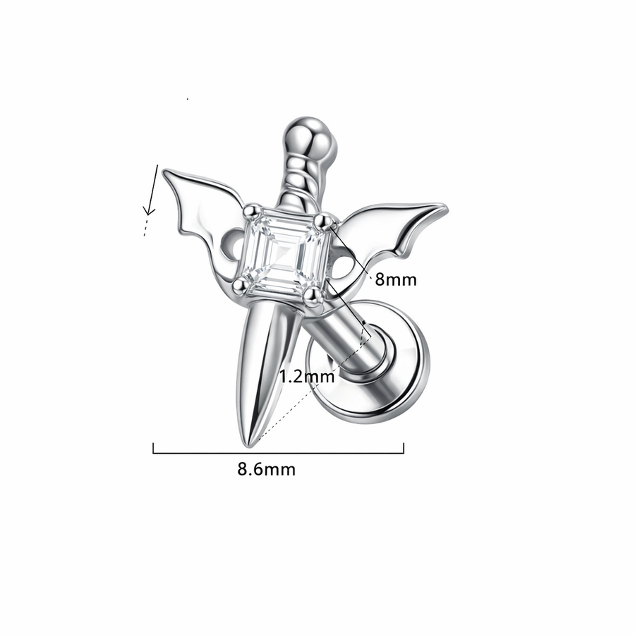 Piercing con spada e zirconi in Titanio G23- Piercing per Lobo, helix, forward helix, conch, flat, tragus