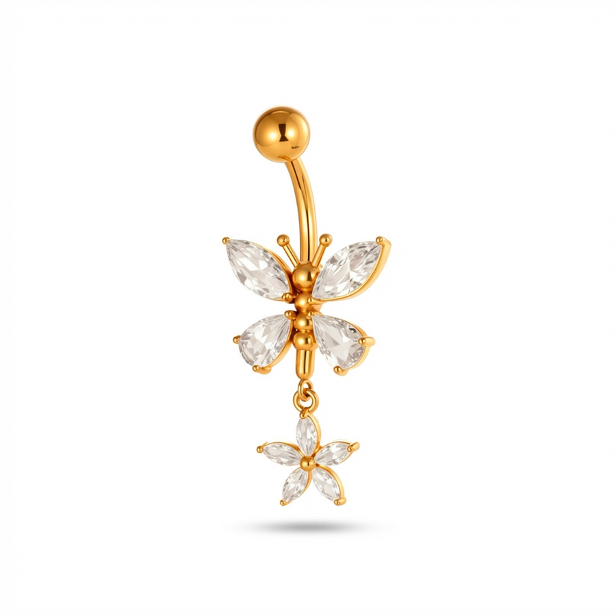 Piercing con farfalla di zirconi e fiore pendente in Acciaio Chirurgico 316L- Piercing per ombelico