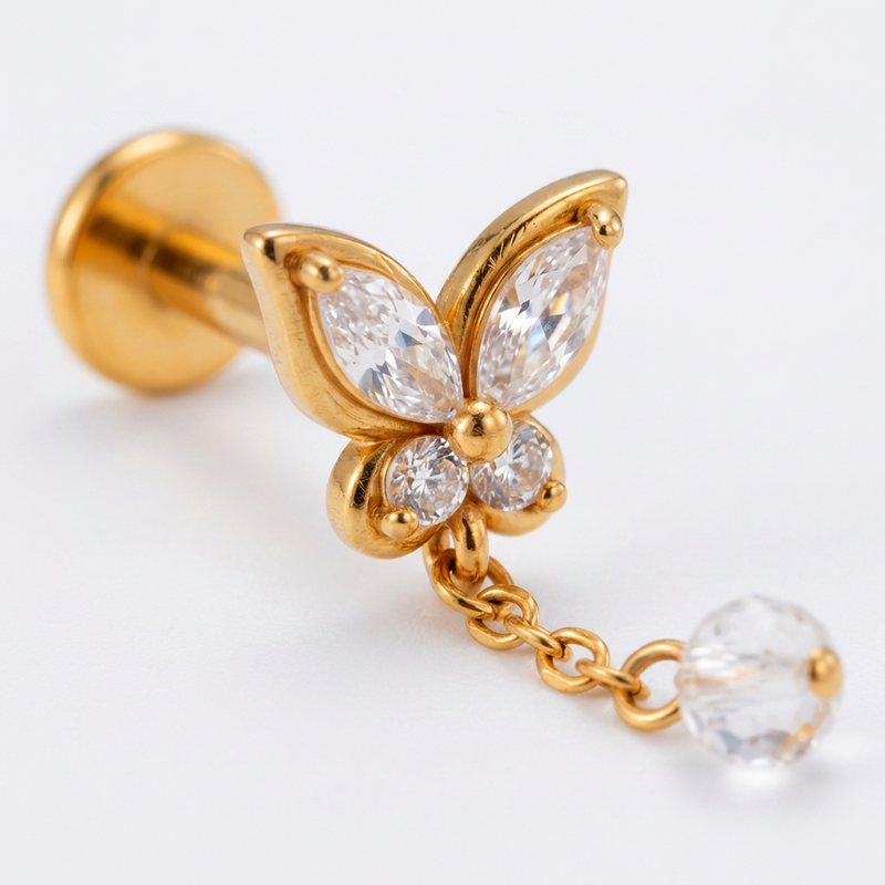 Barretta con farfalla e pendente con zircone in Acciaio Chirurgico 316L  - Piercing per orecchio