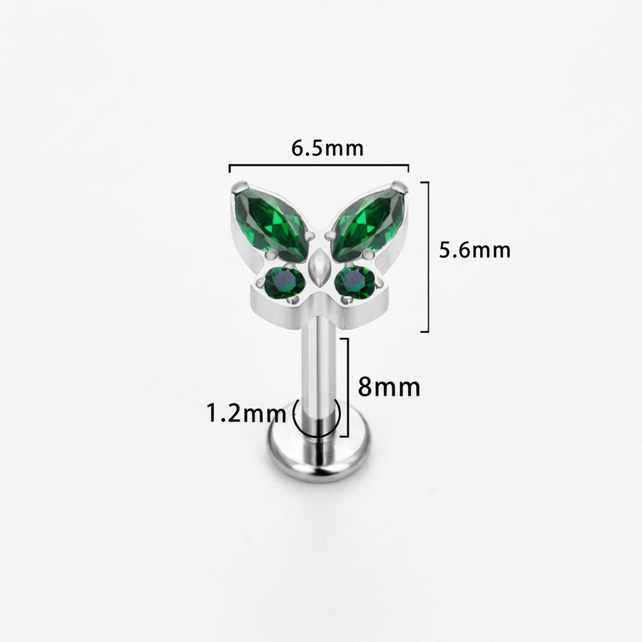 Piercing con farfalla e zirconi verdi in Titanio G23 - Piercing per lobo, helix, forward helix, conch, flat, tragus