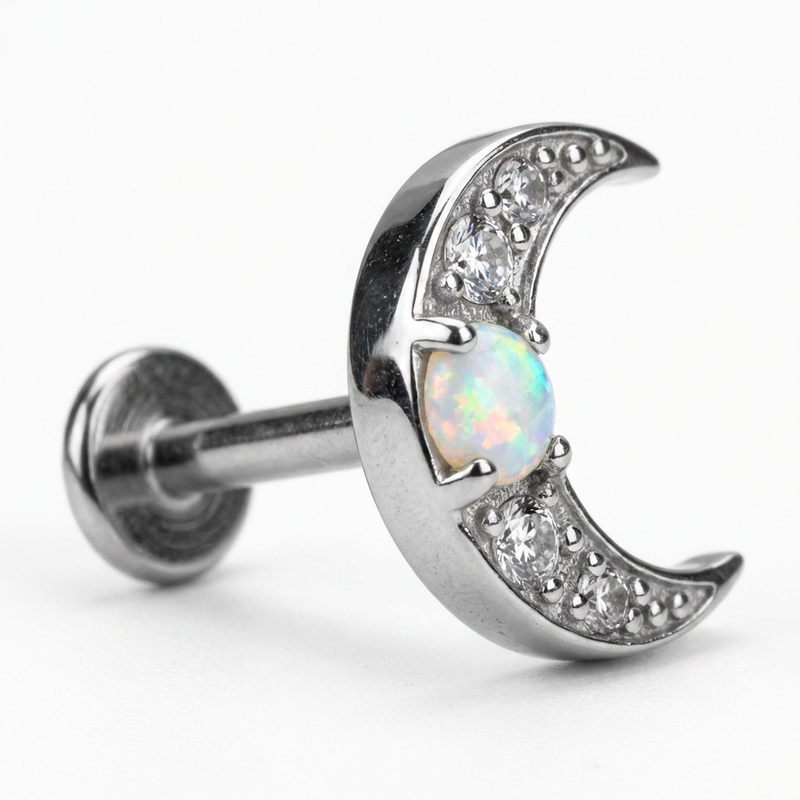 Piercing con mezza luna di zirconi in Titanio G23- Piercing per Lobo, helix, forward helix, conch, flat, tragus