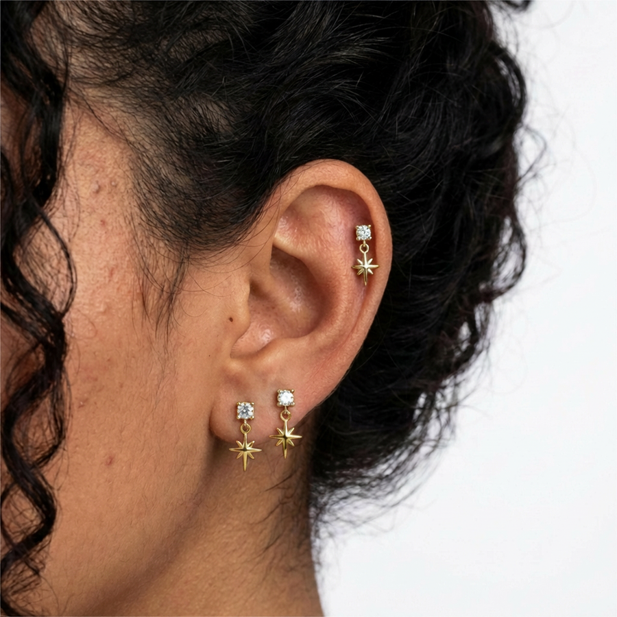 Piercing con zircone e rosa dei venti pendente in Titanio G23- Piercing per Lobo, helix, forward helix, flat, tragus
