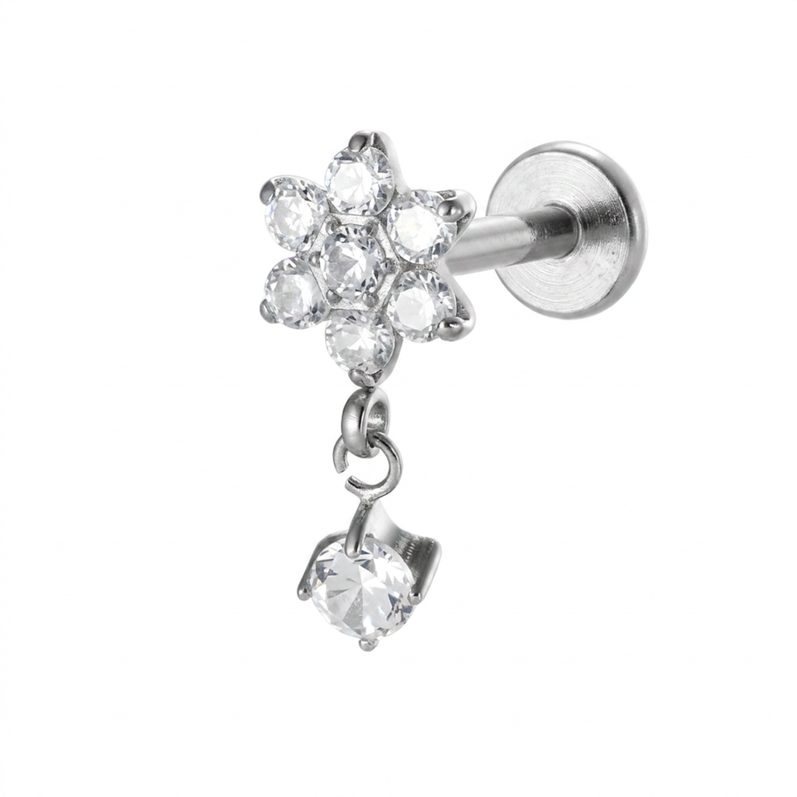 Barretta con fiore e pendente in Titanio - Piercing per orecchio