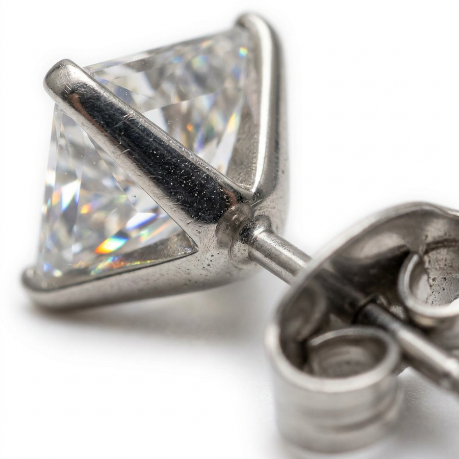 Orecchino con zircone quadrato in Acciaio Inox - Orecchino per lobo