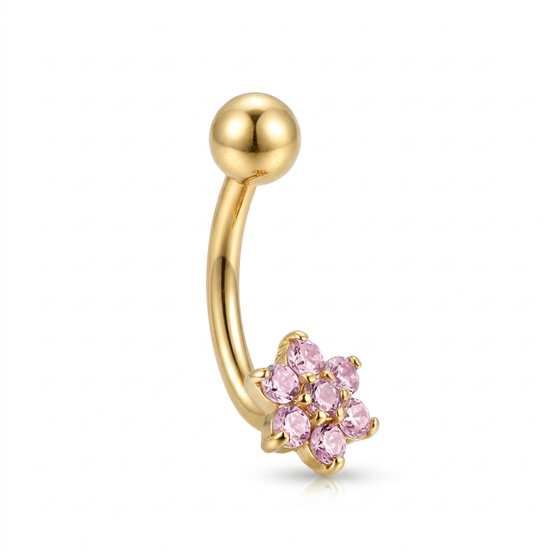 Navel con fiore di zirconi rosa in Titanio - Piercing per ombelico