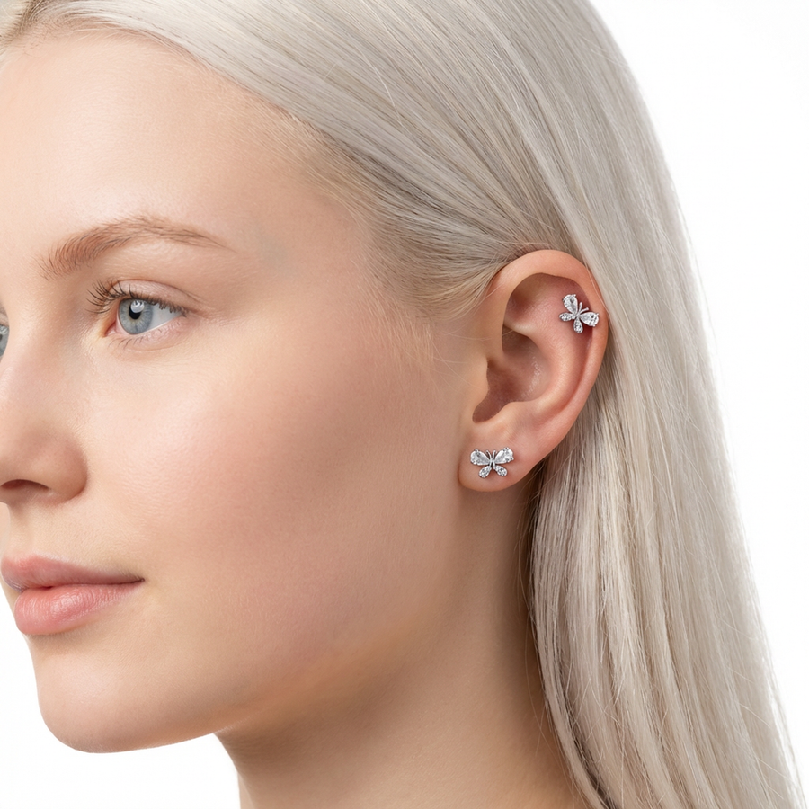 Barretta con farfalla e zirconi in Acciaio Chirurgico 316L - Piercing per orecchio