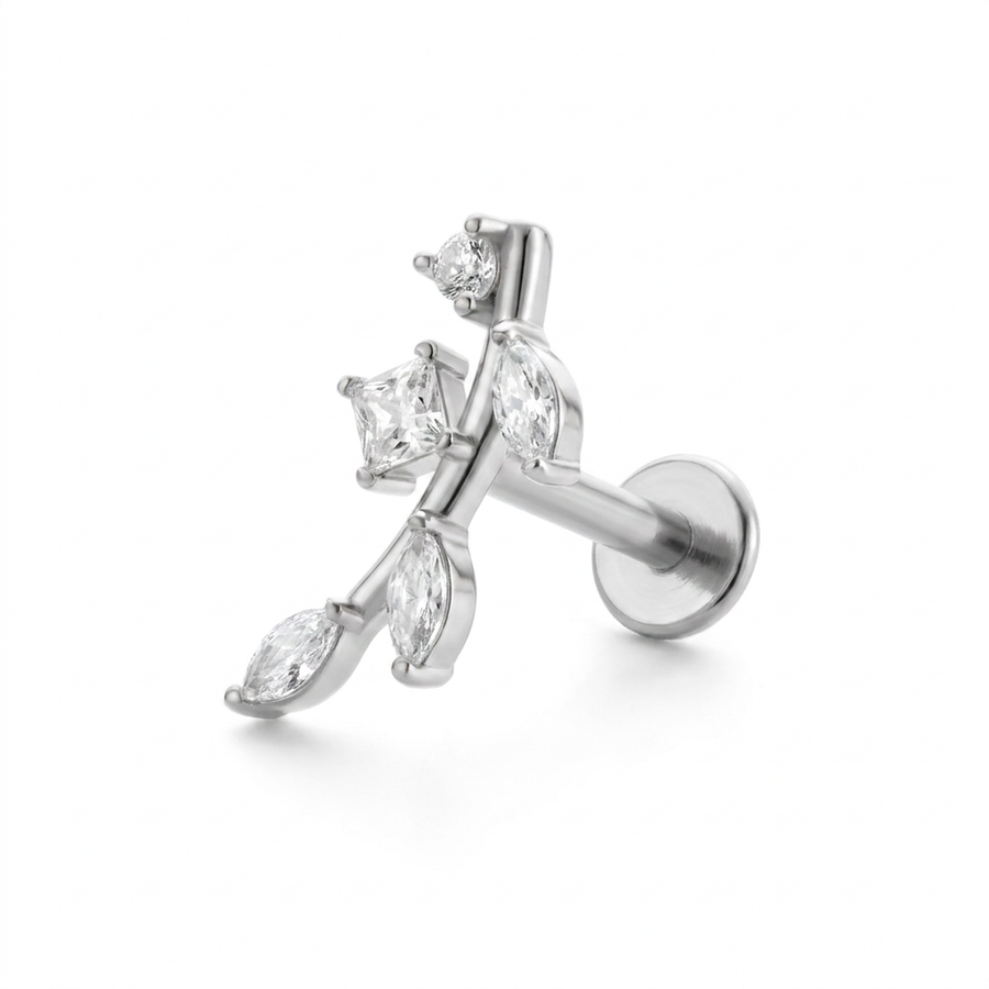 Barretta con ramoscello e zirconi in Acciaio Chirurgico 316L - Piercing per orecchio